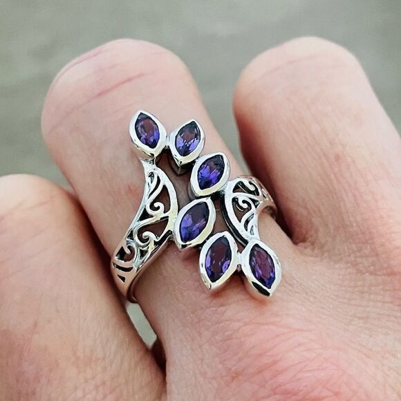 Amethyst Sterling Silver Scroll Swirl Cutout Ring 8 - Picture 1 of 6